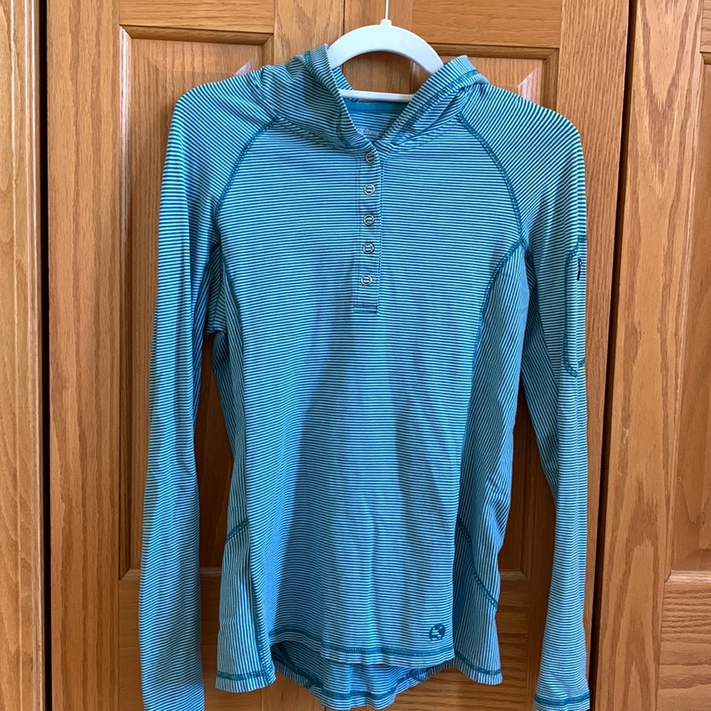 Teal striped hooded long sleeve - Gander Mtn with snap buttons in front